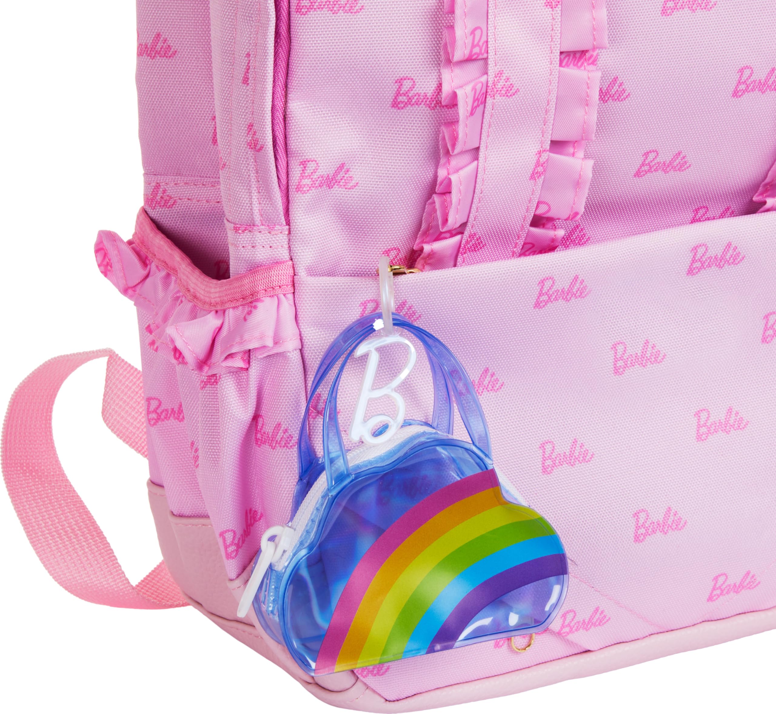 BARBIE Clothes and Accessories, Deluxe Keychain Rainbow Bag with Pajamas and Slumber Party Themed Accessories Dolls Like Slippers 3