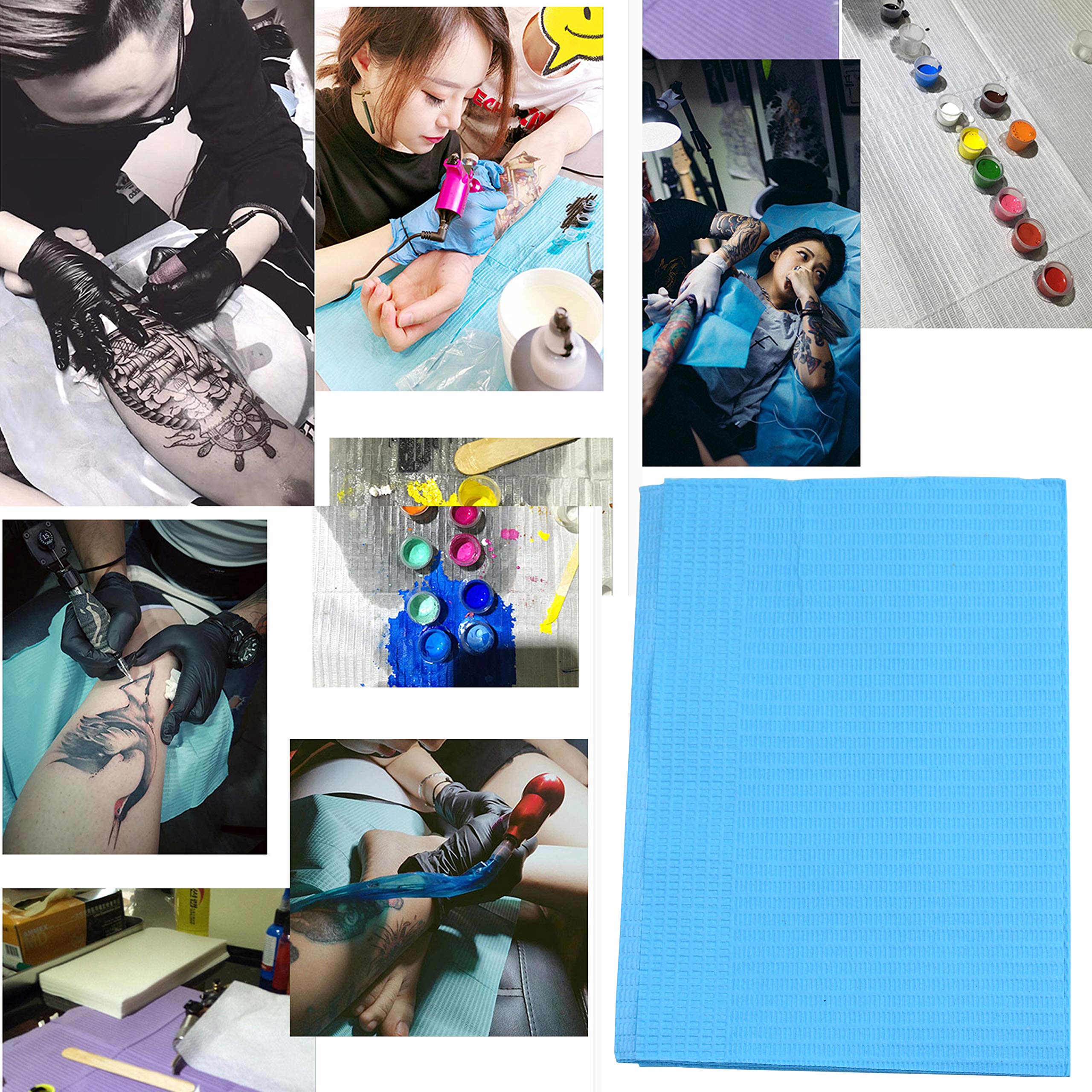 Aokbean 125 Piezas 13x17,7 Pulgadas 3 Capas Mantel Desechable para Tatuajes Mantel Impermeable para Tatuajes Almohadilla de Limpieza de Toalla para Suministros de Tatuaje (Azul)