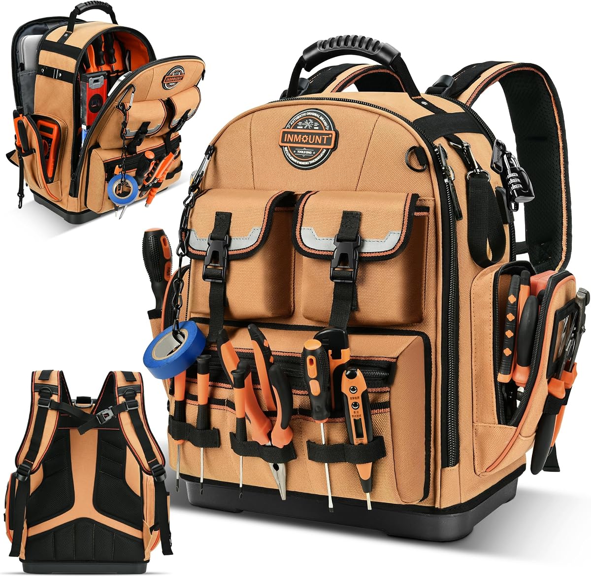 Mochila para herramientas LOKASS resistente, 18,5 pulgadas, 56 bolsillos, parte inferior moldeada, marrón | 1680D resistente al agua, compartimento para computadora portátil, apertura completa, cerradura de combinación reiniciable, para electricistas y profesionales de HVAC
