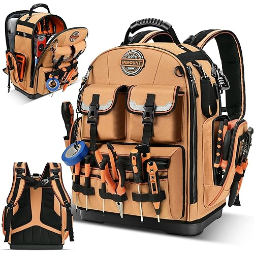 Backpack Tool Bag - LOKASS Tool Backpack Heavy Duty Tool Organizer, Water-resistant HVAC Tool Backpack Electrician Tool Box with Molded Base Tan Brown
