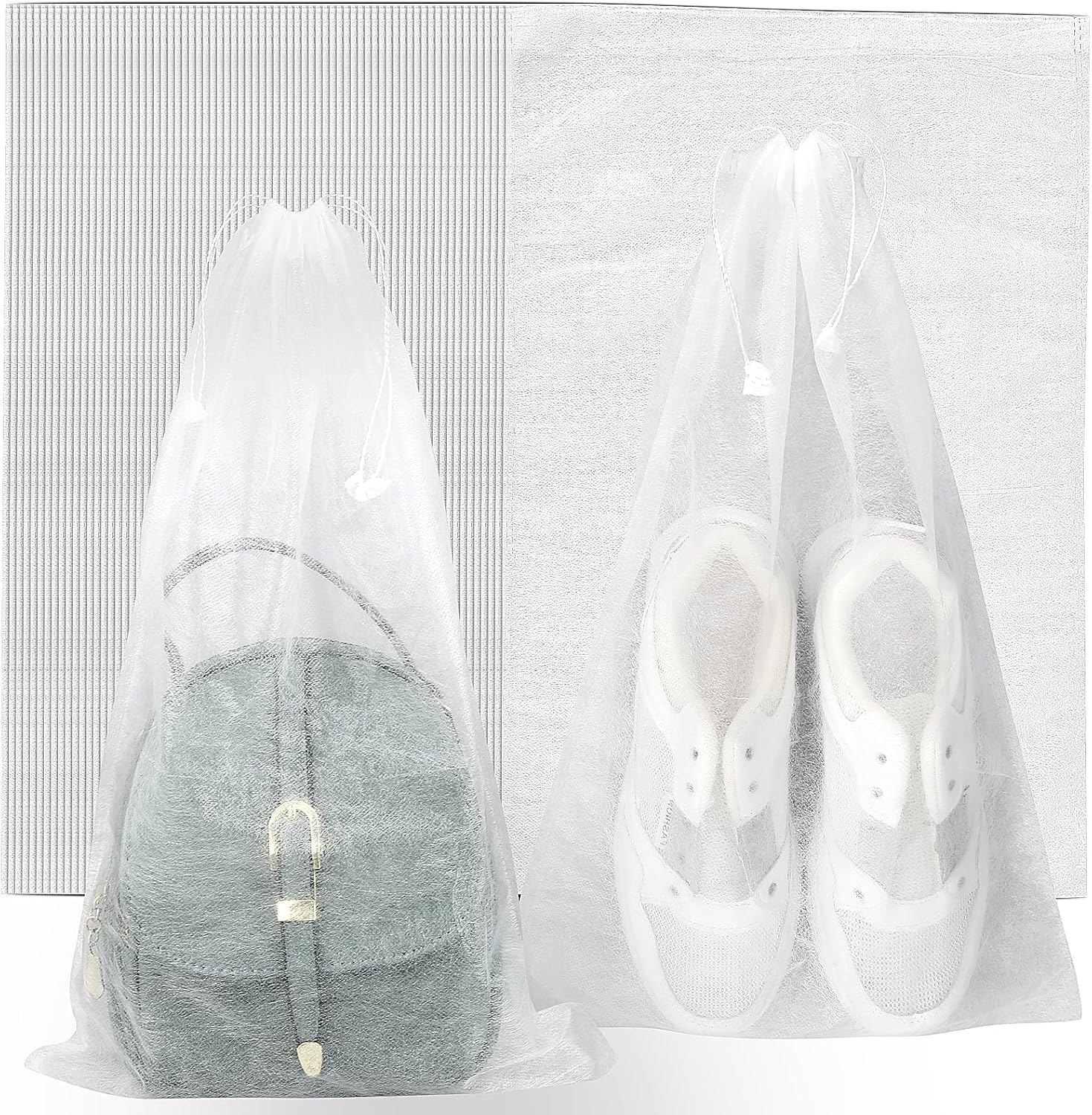 150 Pcs Dust Bags Drawstring Storage Bag Non Woven Fabric Handbags Storage for Travel Breathable Pouch Portable Storages Organizer for Purse Boot, 18.9 x 12.6 Inch(White) - Image 8