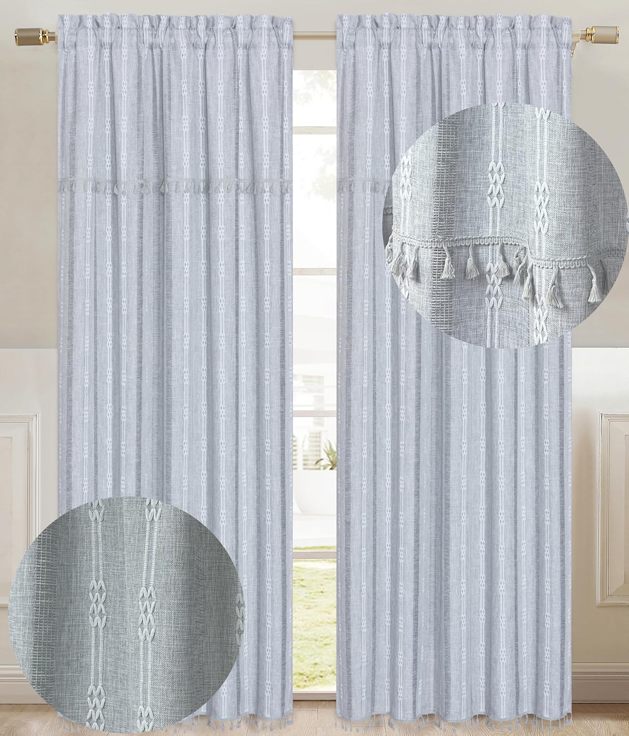 GOHD Country Road Window Curtains Boho Jacquard Stripe Tassel for Living Room Window Curtain,Rod Pocket Farmhouse Curtains for Bedroom 3 Size, Cotton and Linen Like Texture (96in,Green)