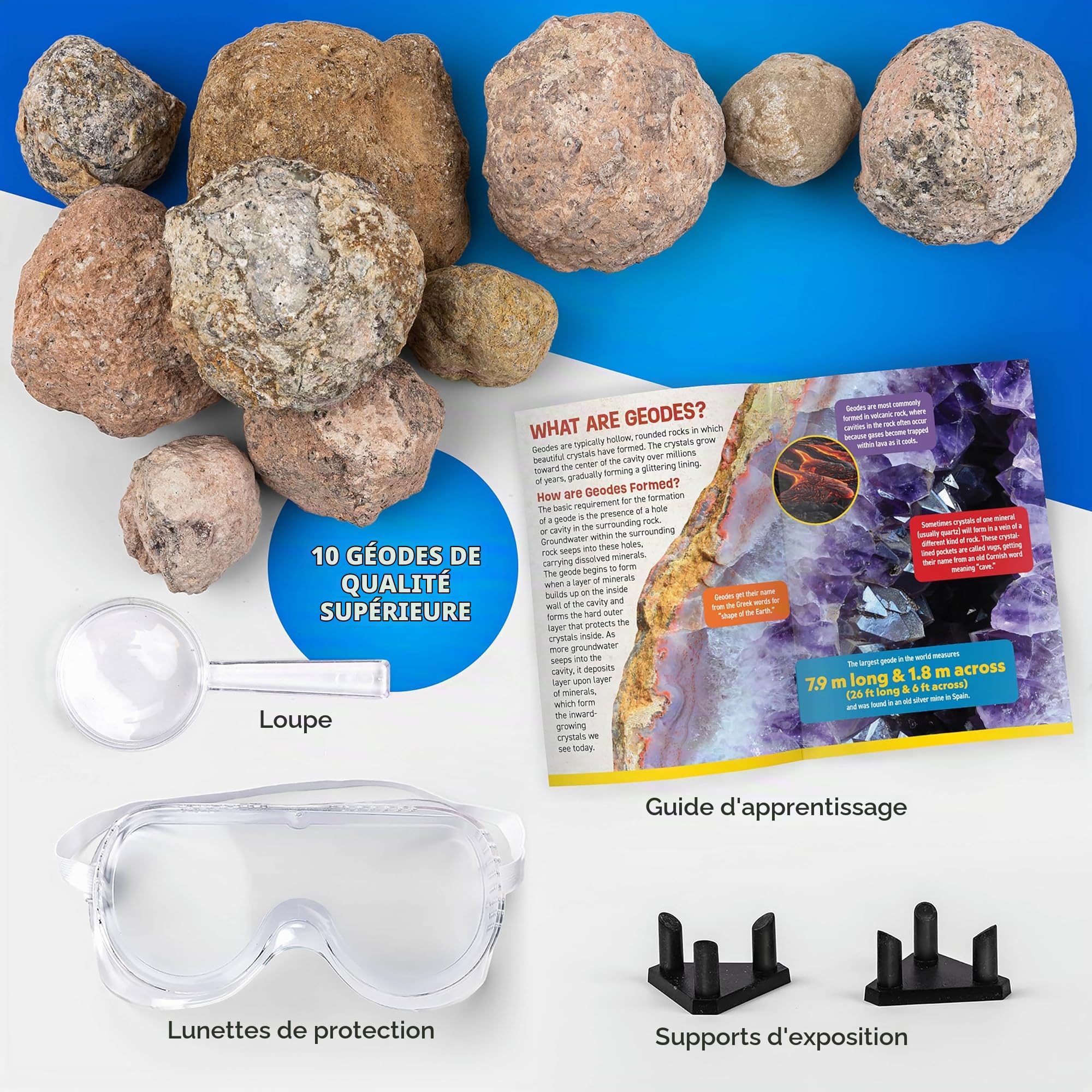 National Geographic Kit Scientifique pour Ouvrir 4 Géodes – Comprend des Lunettes et Un Présentoir - Cadeau Scientifique STEM pour Les Amateurs de Minéralogie et de Géologie de Tout Âge