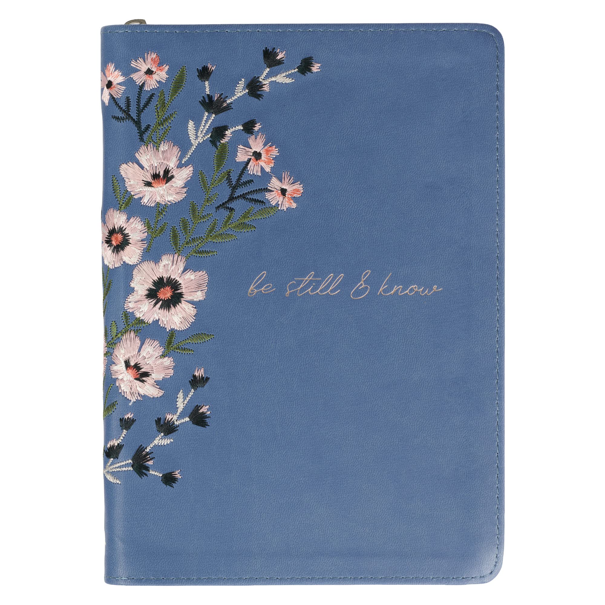 Classic Faux Leather Journal Be Still & Know Psalm 46:10 Blue Floral Embroidered Inspirational Notebook, Lined Pages w/Scripture, Ribbon Marker,
