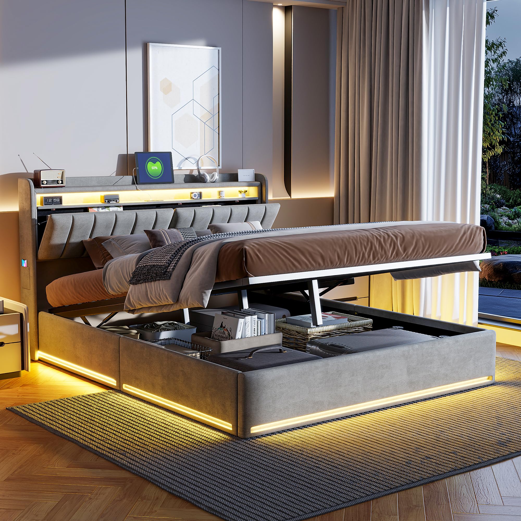 Lit Coffre 160 x 200 cm,avec Éclairage LED et Port USB,Lit Double Rembourré avec Rangement et Tete de lit,pour Adultes et Adolescents,Velours (Gris A, 160 x 200 cm)