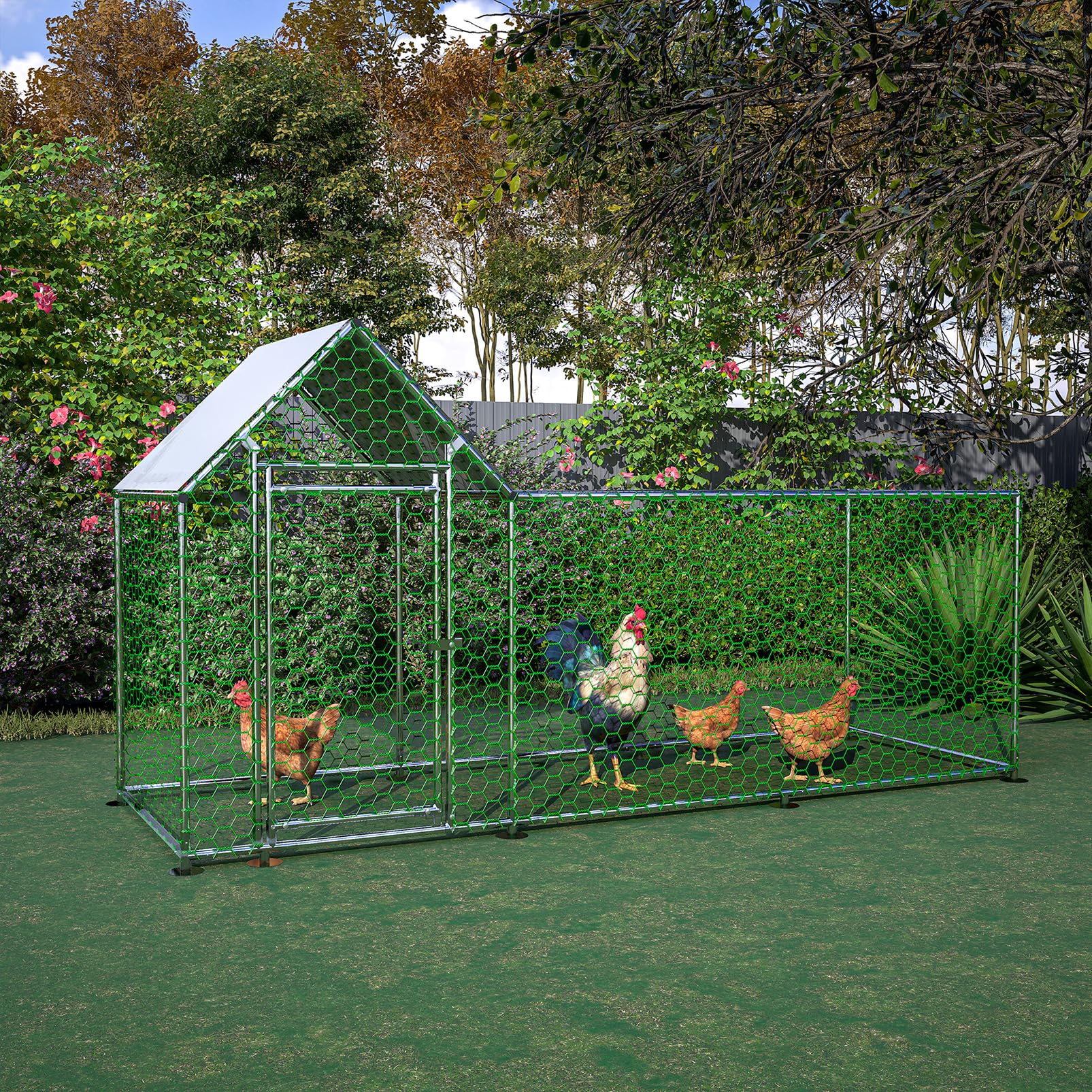 Pollaio per Galline da Esterno, 3x1x1.5m Recinto per 8-12 Galline in Acciaio Zincato, Gabbia per Polli con Tetto Impermeabile Anti-UV Mangiatoia Serratura per Piccoli Animali Conigli Anatre