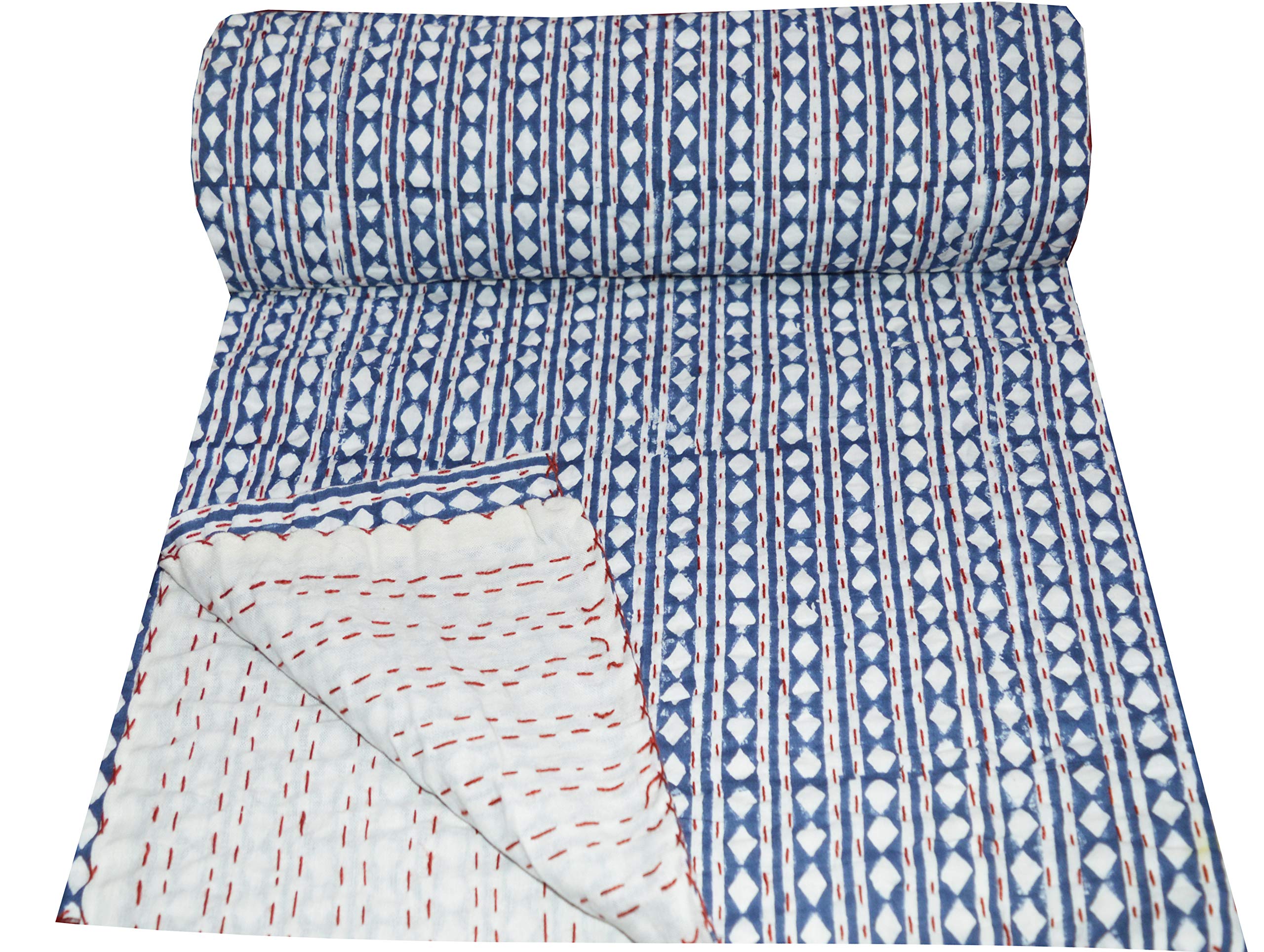 V Vedant Designs Indian Hand Block Handmade Ikat Print Kantha Quilt Bedsheet Twin Size Bedspread