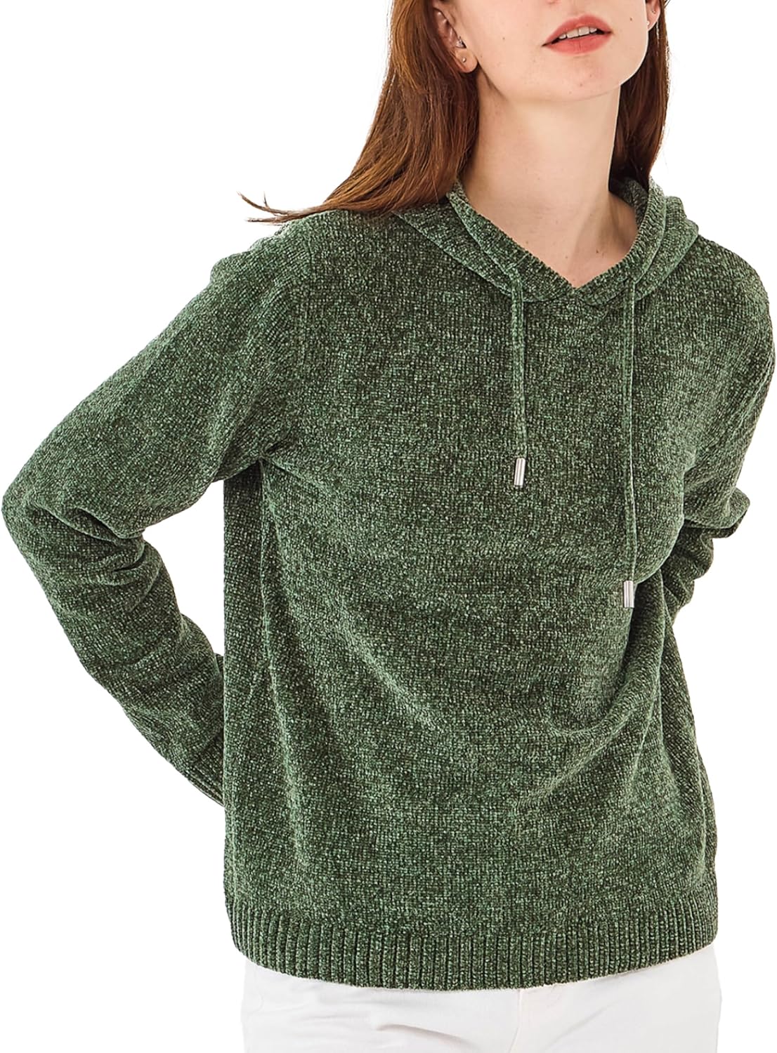 Simple&Opulence Women's Chenille Sweater Drawstring Hooded Long Sleeve Pullover Ribbed Cuff Hem Jumper Tops