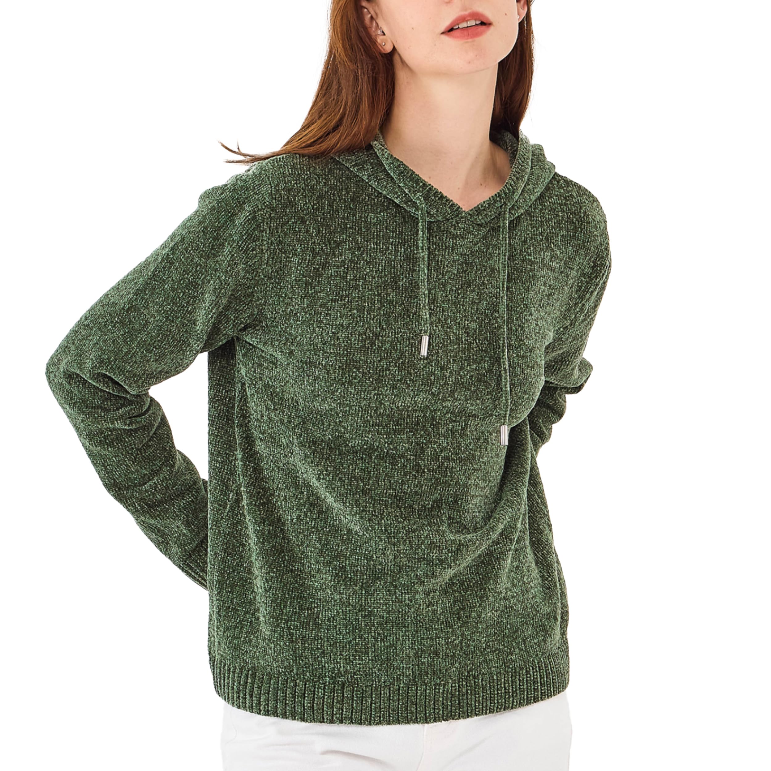 Simple&amp;Opulence Women's Chenille Sweater Drawstring Hooded Long Sleeve Pullover Ribbed Cuff Hem Jumper Tops
