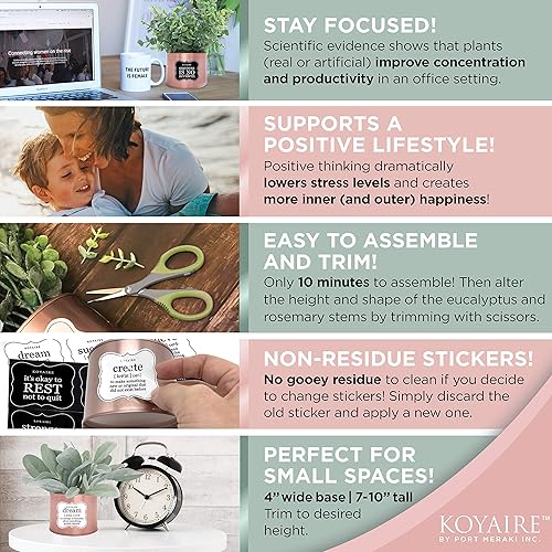 Miniatura 9 de KOYAIRE 3 plantas de imitación motivacionales para escritorio, decoración de oro rosa para la oficina, accesorios pequeños para el hogar,