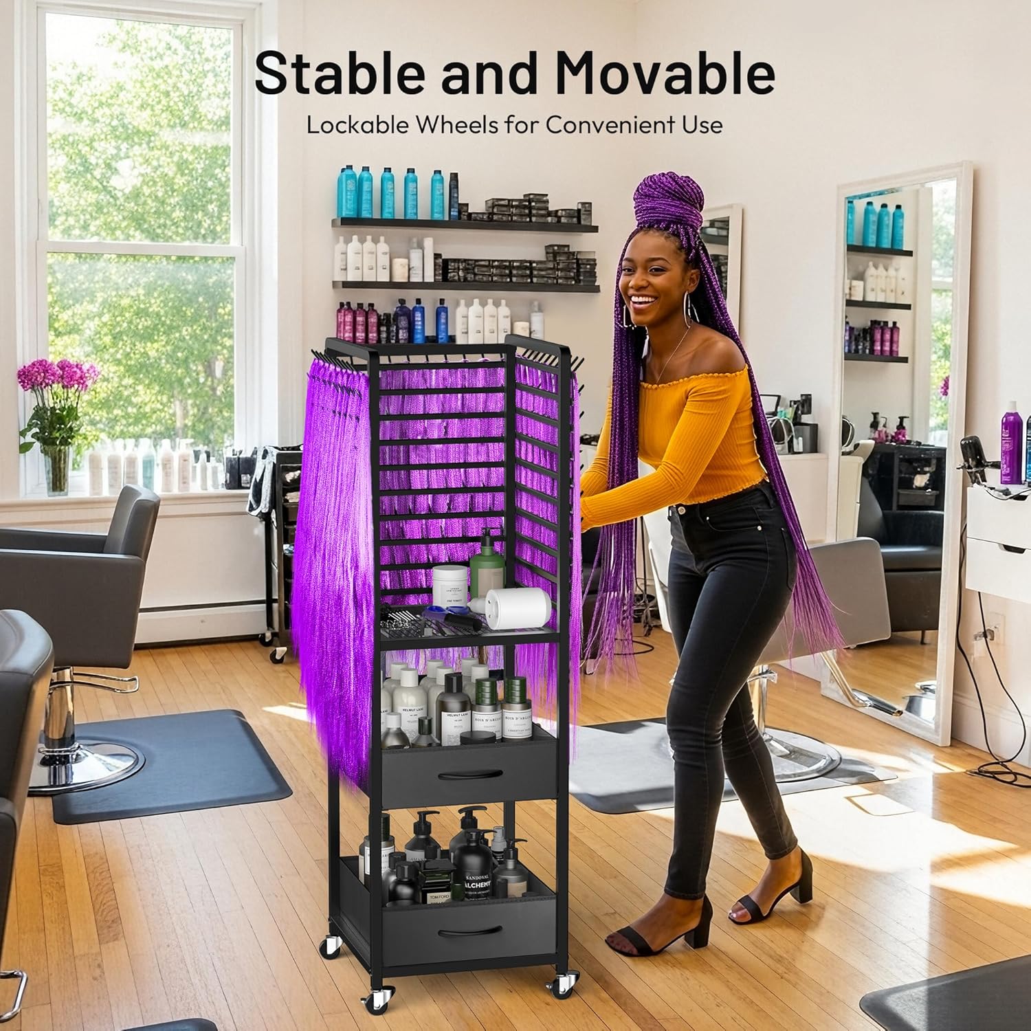 300 Pegs Braiding Rack with Large Drawers, 3-Sided Hair Rack with Wheels and 16 Braiding Tools, Hair Extension Holder 52 Inch Height for Hair Salon, Home