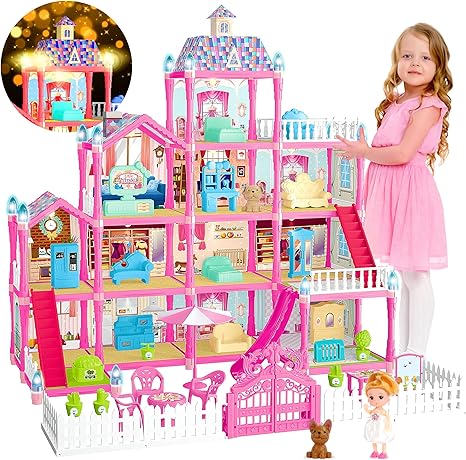 Doll House for Girls,13 Rooms Dollhouse with Dolls Figure, Puppies,Furnitures, Accessories, Toddler Playhouse Gift for for 3 4 5 6 7 8 9 10 Year Old Girls Toys (Pink)