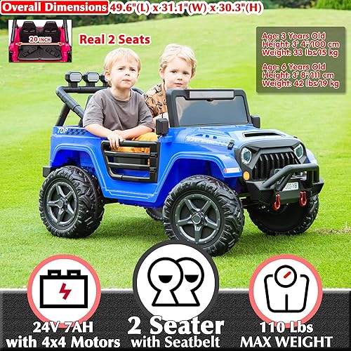 Miniatura 32 de sopbost Juguetes de paseo de 24 V para niños y niñas, vehículos eléctricos de 2 plazas 4 x 4 con pilas, 4 ruedas lado a lado, camión con control