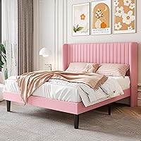 Vista 14 de SHA CERLIN Base de cama de terciopelo tamaño Queen con cabecera de respaldo alto con capitoné de canales verticales, cama de plataforma tapizada