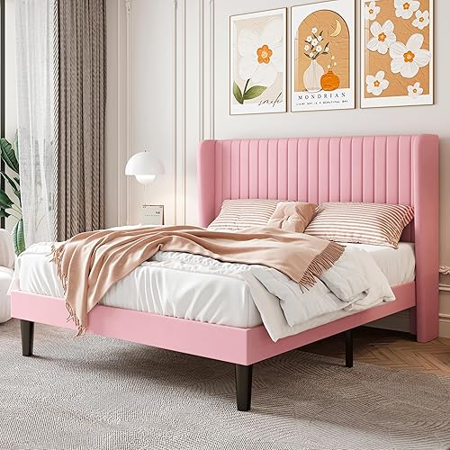 SHA CERLIN Base de cama de terciopelo de tamaño matrimonial con cabecera capitoné de canal vertical, plataforma tapizada con listones de madera, no