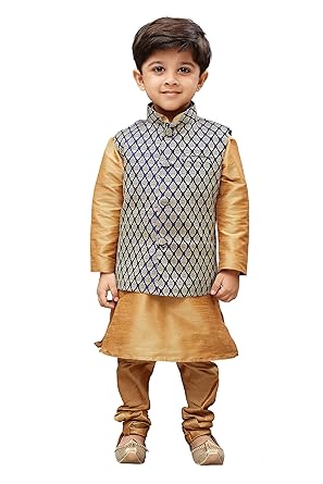 JBN Creation Boys Silk Cotton Kurta Modi Jacket and Pyjama Set (Gold_VASBJBU005nBKRG001nPRG)