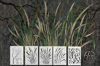 Acid Tactical® 5 Pack - 14" Camouflage Airbrush Spray Paint Stencils - Duracoat Gun Duck Boat Camo - Cattails Bark & Gnarly Branch Set