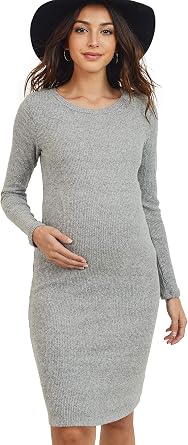 HELLO MIZ Womens Ribbed Maternity Knit Dress with Long Sleeve Heather Grey, L