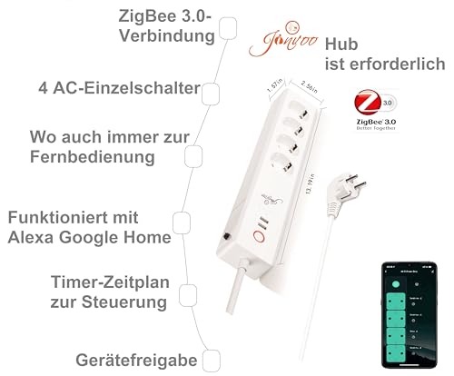 Smart Steckdosenleiste 16A Jinvoo Zigbee 3.0 WLAN Power Strip Kompatibel mit Alexa, Google Assistant, SmartThnngss, App