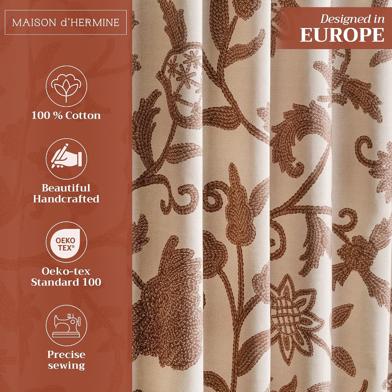 Maison d' Hermine Curtains for Living Room 100% Cotton 84 inch Length Two Panel Light Filtering Curtains for Windows with Rod and Loop Pockets Spring Summer (Artisan Love - Sand, 50" W x 84" L) thumbnail