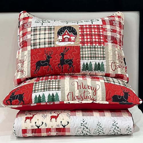 Miniatura 5 de Juego de edredón de Navidad tamaño Queen de 3 piezas con diseño de árbol de Navidad rojo, copos de nieve, reno, cabaña, retazos, colcha reversible y