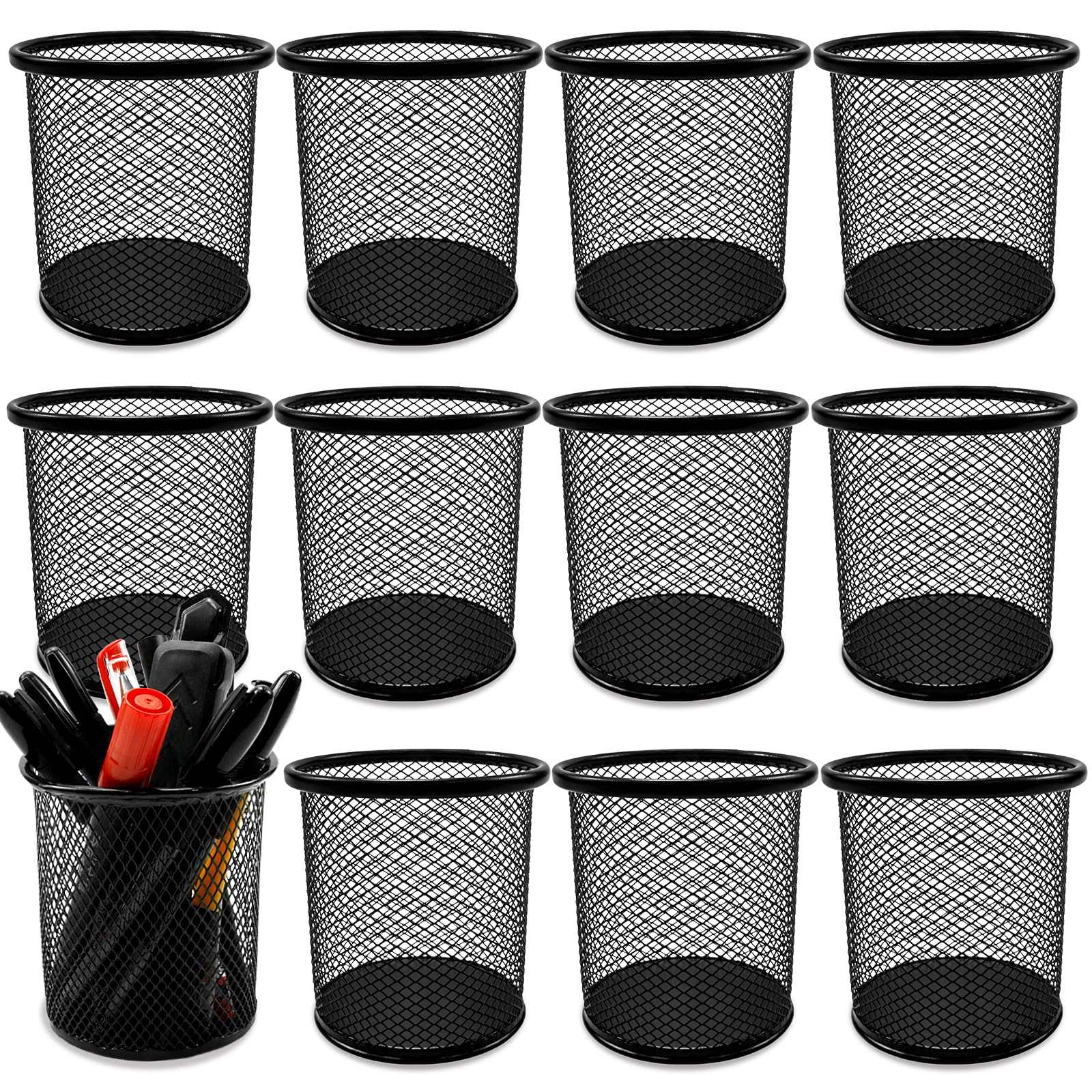 Seuqhck 12 Pack Metal Mesh Pen Holder, Wire Pencil Cups, Pen Organizer for Desk Office Black - 3.8 x 3.5 in