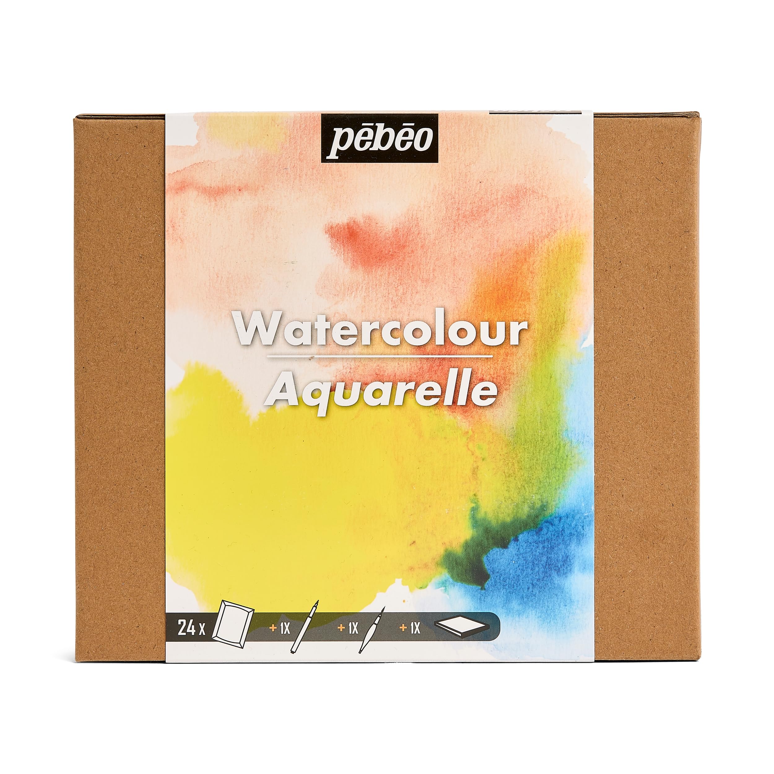 PEBEO - Set 24 Demi Godets Aquarelle + Accessoires + Carnet Papier + Pinceau Réservoir + Feutre Noir - Kit Aquarelle pour Artiste et Débutant - Couleurs Lumineuses