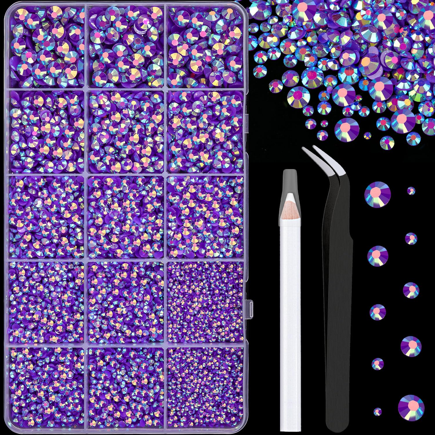16000Pcs Resin Jelly Rhinestones with Tweezers for Crafting, Dark Purple AB 2-6mm Mixed Sizes Flatback Gems, Bedazzling Crystal for DIY Crafts