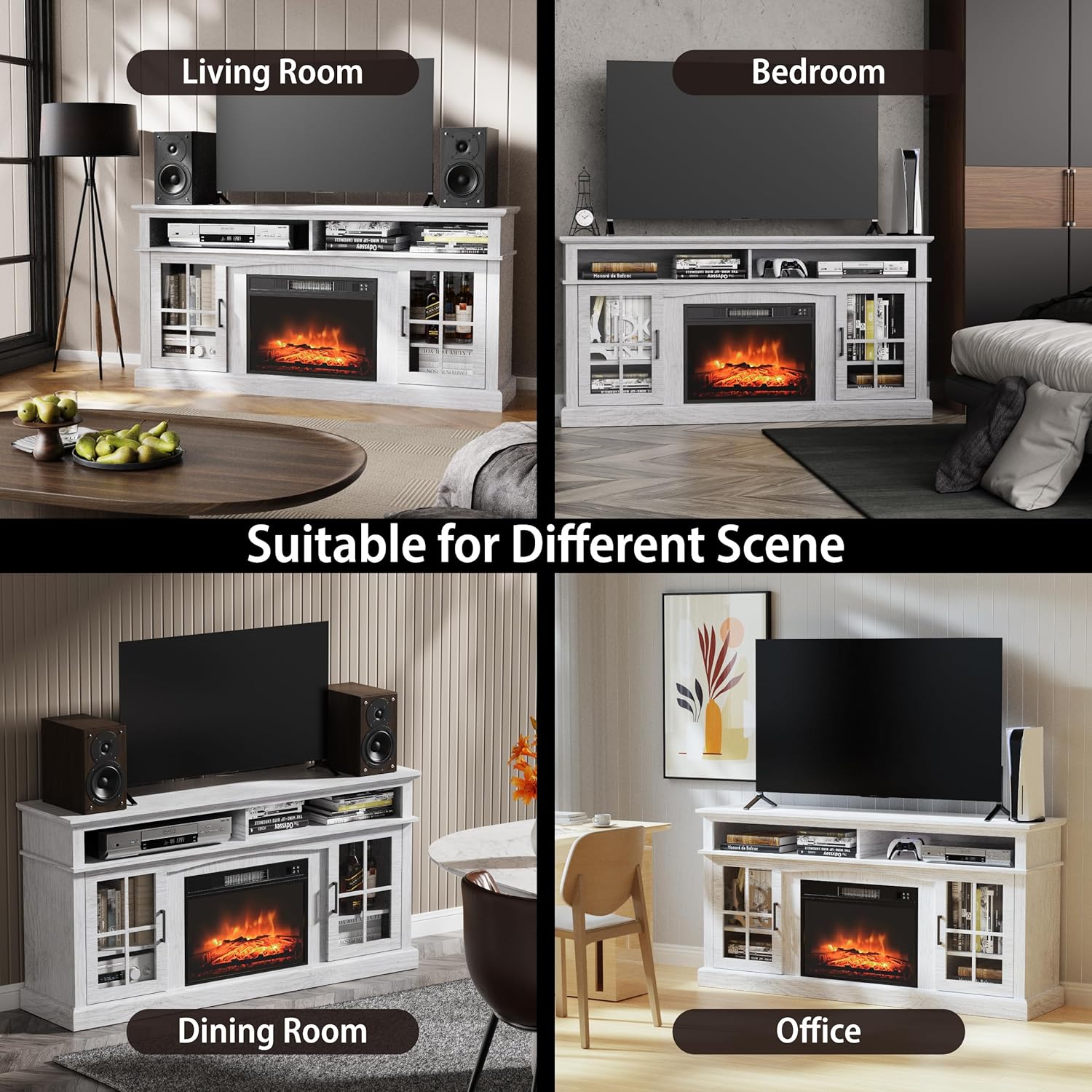 58'' Fireplace TV Stand with 23'' Electric Fireplace Insert, Entertainment Center Media Console Table for Living Room, Wood TV Stand with Glass Door Cabinets for TVs 50-65 inches