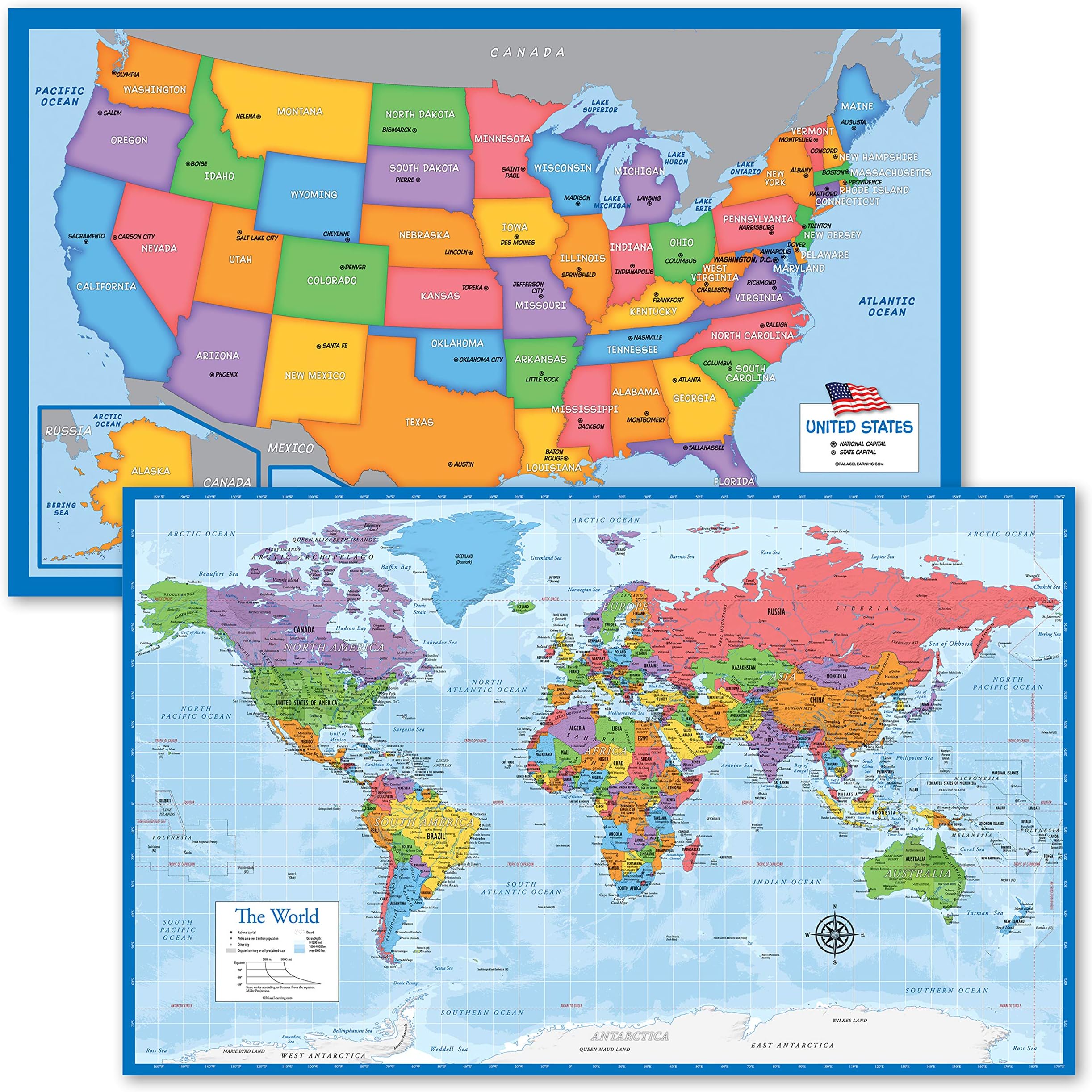 Palace Learning 2 Pack - USA Map for Kids + Blue Ocean World Map (Laminated, 18" x 29")