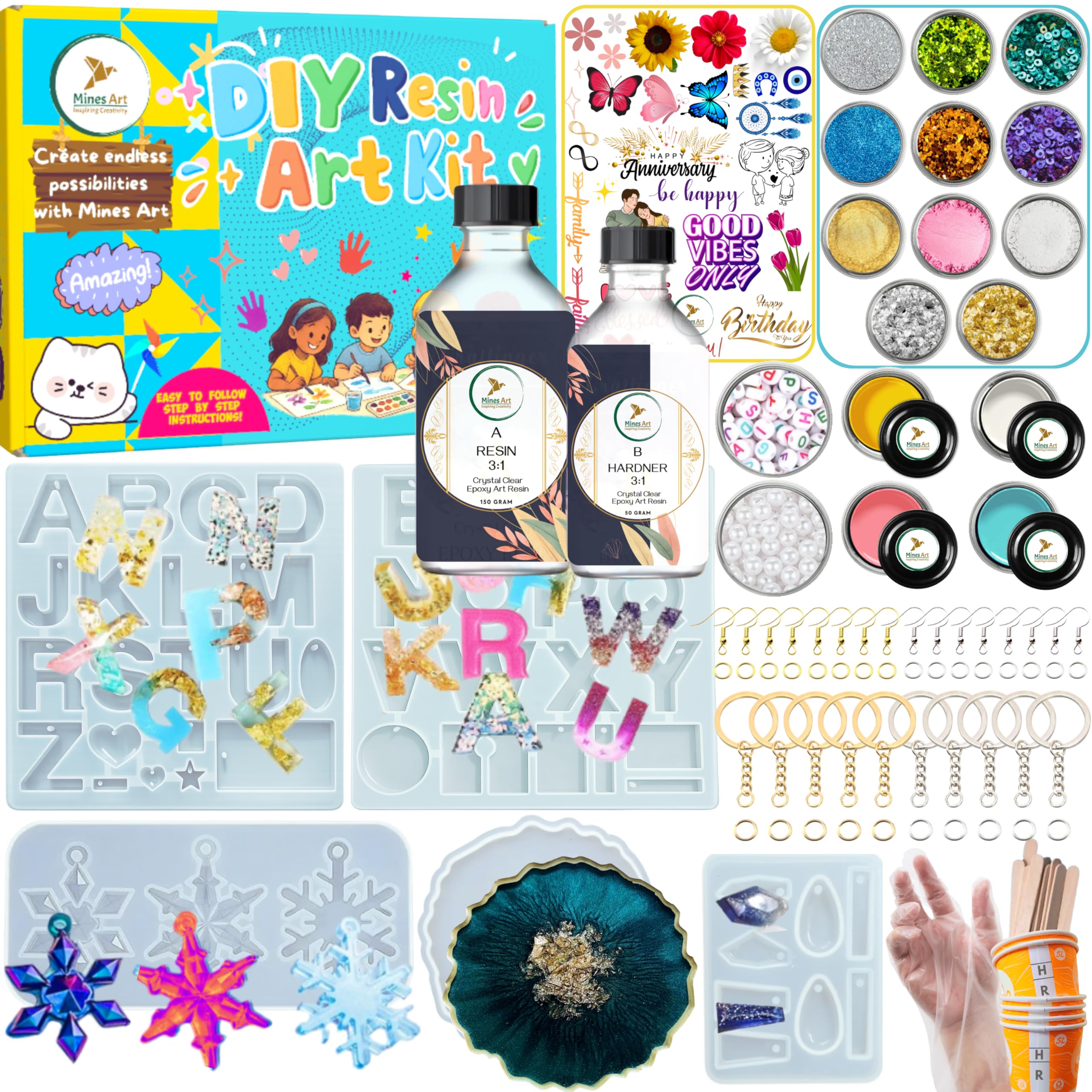 Mines Art Ultimate 100 PCS Pro Resin Art Kit – Alphabet Keychain, Snowflake, Earrings & Coaster Moulds, 3:1 Epoxy Resin, Pigments, Glitters, Mica, Tools & More - (MRA-110)
