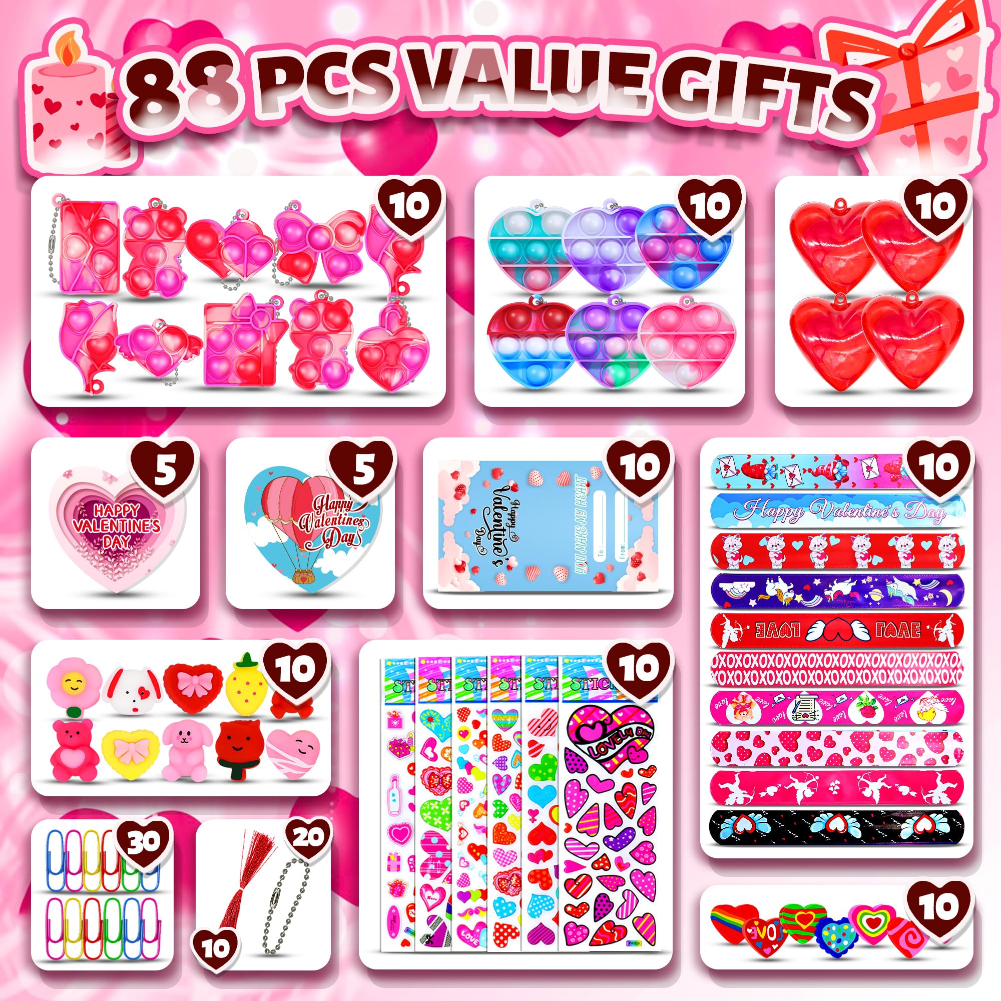 88PCS Valentine's Party Favors for Kids Prefilled Heart Pop Fidget Toys with Valentine's Cards Valentine Exchange for Classroom School for Kids Mini Pop Keychain Valentine's Day Prize Toys - Image 4