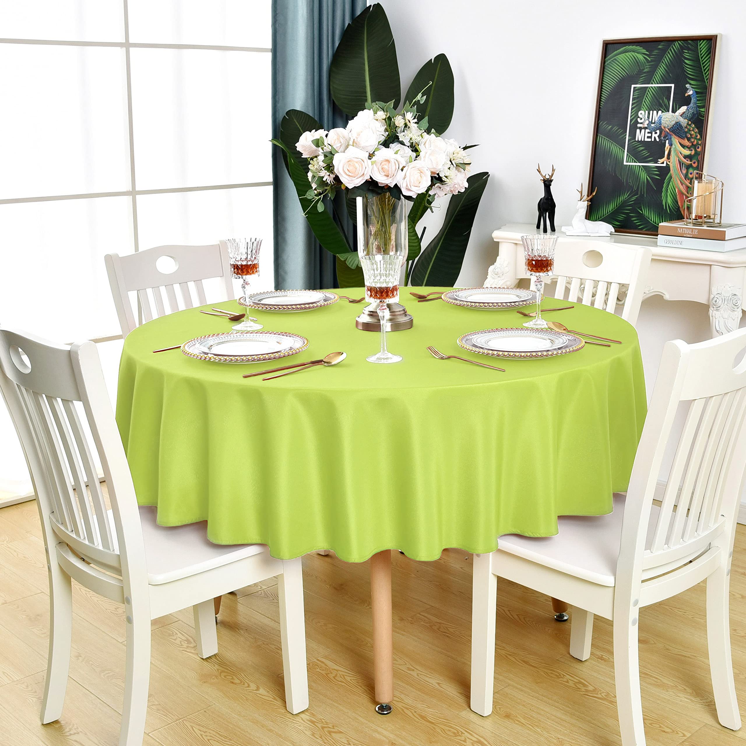KAIPHO Apple Green Round Tablecloth Waterproof Stain Resistant Wrinkle Free Table Cloth 210GSM Polyester Washable Wipeable Table Cover for Party, Banquet, Wedding, Indoor and Outdoor(60 inch, Circle) โ image 1