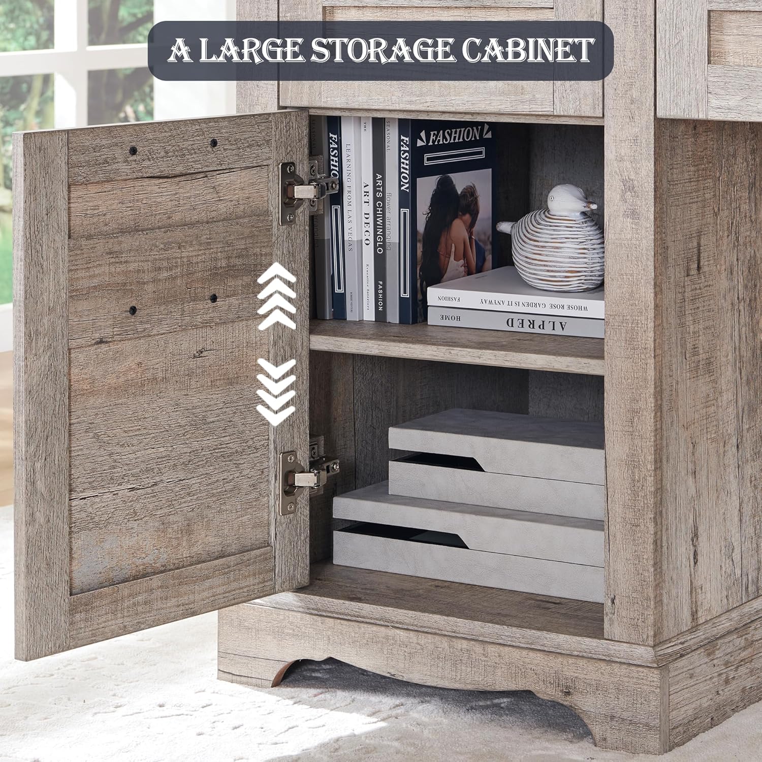 Open storage cabinet on the desk, showing adjustable shelves and items stored inside.