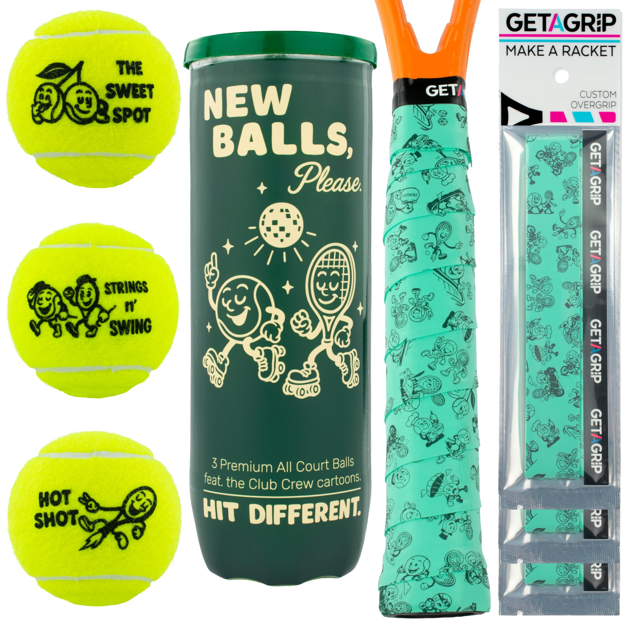 GET A GRIP - Tennis Balls - All Court Pressurised, 3 Ball Tube, Premium Performance, Durable High-Visibility Felt, Fun Cartoon Designs, Ideal Tennis Gift, Club Crew (3-Ball Tube + Overgrips)