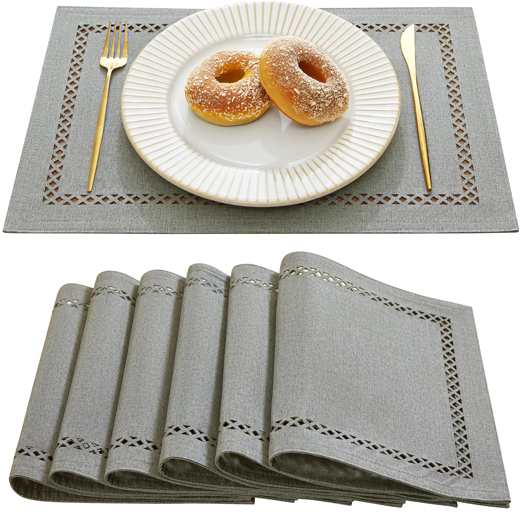 Aoztio Farmhouse Burlap Style Placemats,Table mats set of 6, 30 x 45 cm Linen Style Rustic Geometric Hollow Place Mats