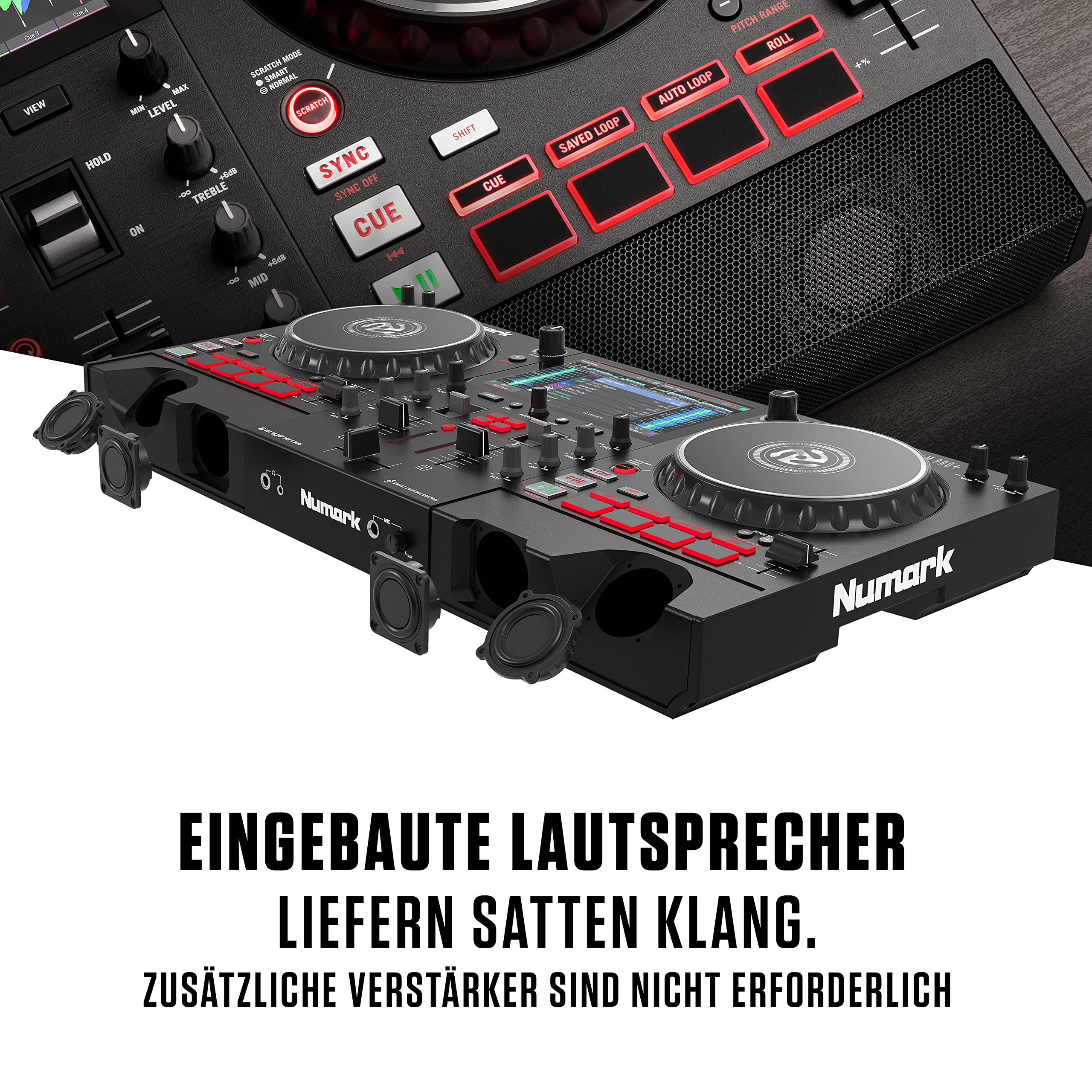 Numark Mixstream Pro+ DJ-Controller mit Stem-Trennung, 2 Decks, WLAN-Streaming, Mixer, 7 Zoll Touchscreen, Lautsprechern, kompatibel mit Serato und Virtual DJ