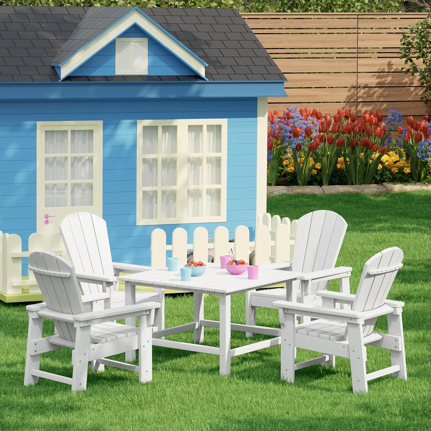 Costaelm Paradise Kids 5-Piece HDPE Outdoor Square Patio Dining Table and Chairs Set, White