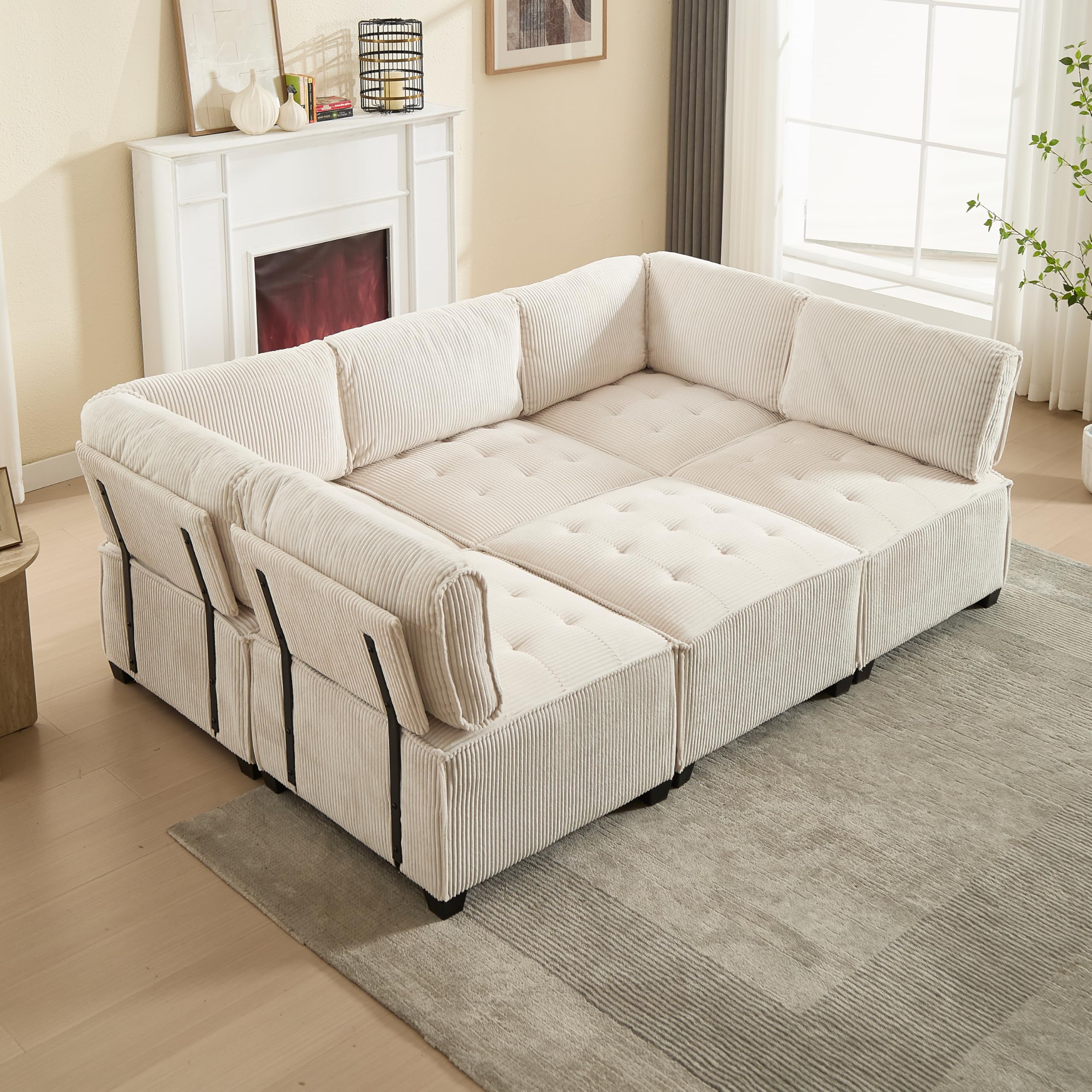 Sofá modular de 6 plazas con funda de pana, respaldo ergonómico y reposabrazos, multifuncional, combinable como forma de U, forma de L o sofá cama, con bolsillos laterales, rebote rápido (beige)