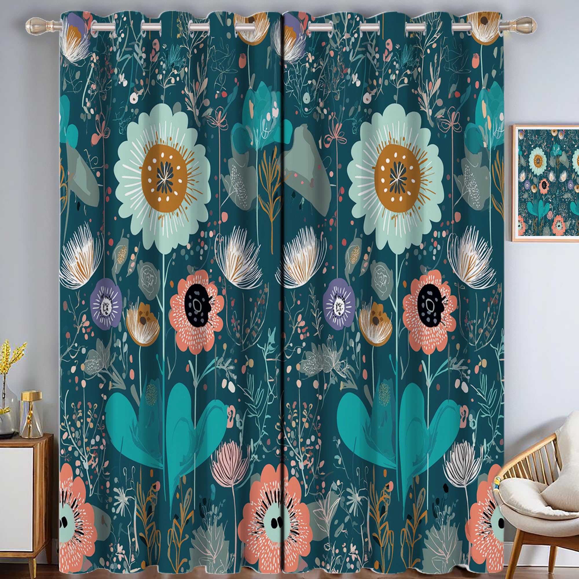 Rideaux occultants bohème chic floral sarcelle 132x213 cm | Pack de 2 panneaux pour le salon