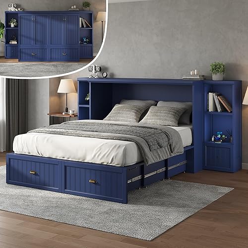 AMERLIFE Queen Size Murphy Bed with Bedside Tables, Foldable Cabinet with 3 Storage Drawers & Charging Station, Farmhouse Hideaway Bed for Bedroom/Office/Guest Room, Navy Blue