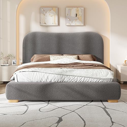 Jocisland Queen Size Cloud Bed Frame, 7.1" Thick Curved Headboard, Soft Rounded Corners Kid & Pet Safe Design, Modern Upholstered Platform Bed, No Box Spring Needed, Easy Assembly, Chenille Dark Grey