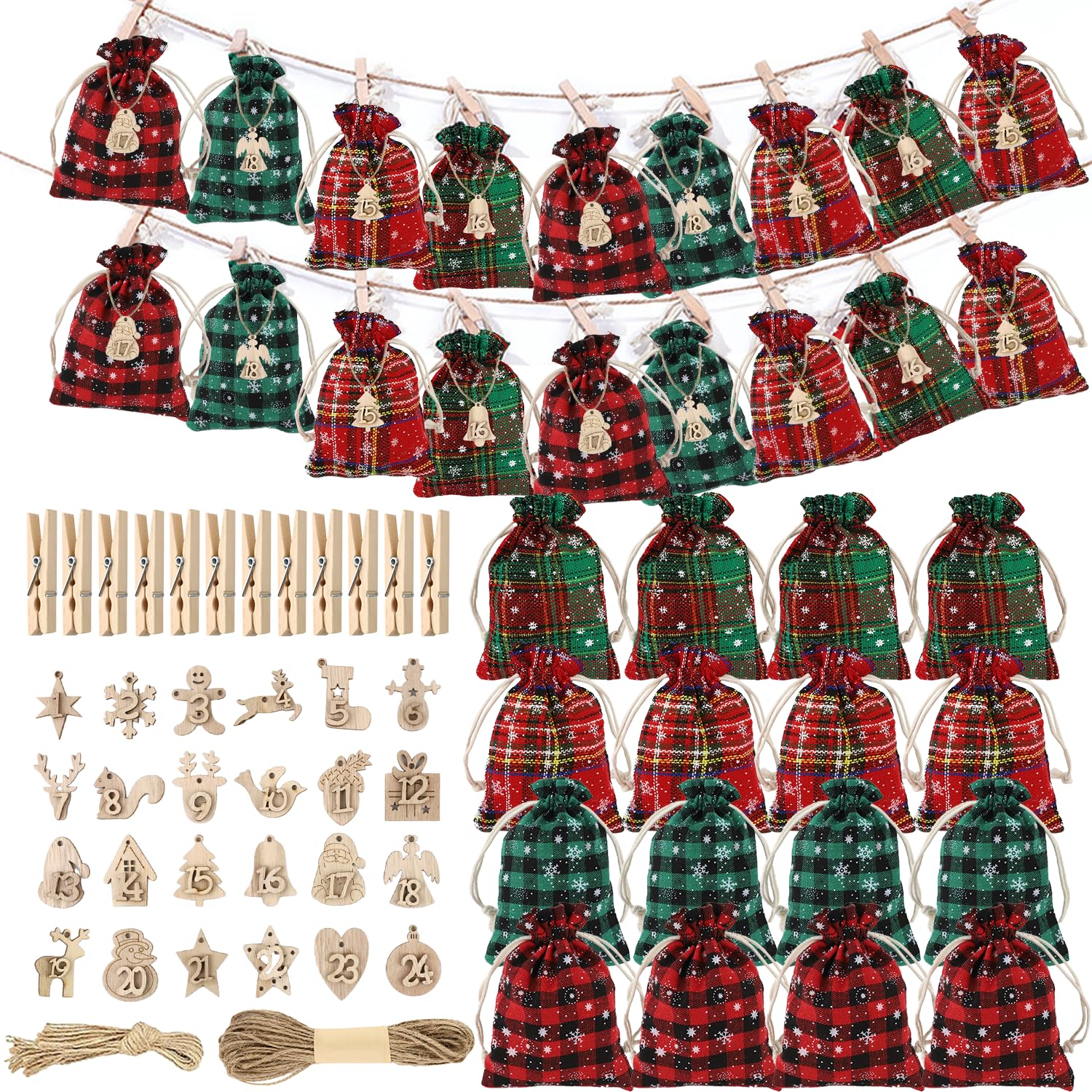 Rayong Advent Calendar to Fill Fabric, 24 Jute Bags Advent Calendar Fill Yourself, Advent Calendar Bags Large Gift Bags Christmas Fabric Bags for DIY Christmas Decoration(RED)