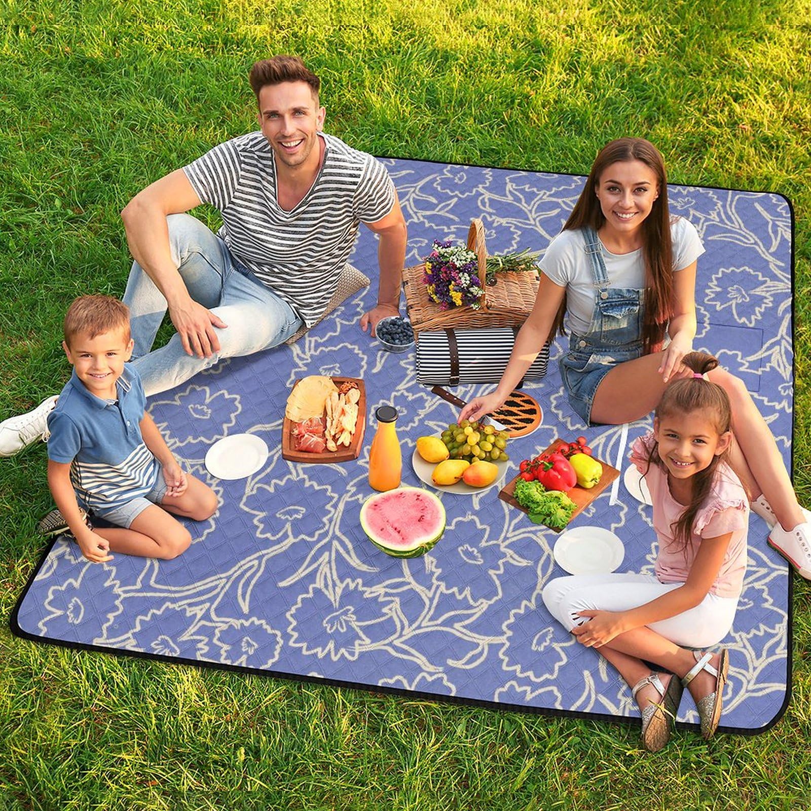 3D Impression Repeat Fleurs Blue Couverture Pique Nique Tapis Pique Nique Nappe Picnic Couverture De Pique-Nique pour Le Voyage, Le Camping, Les Vacances, Etc 200x200cm