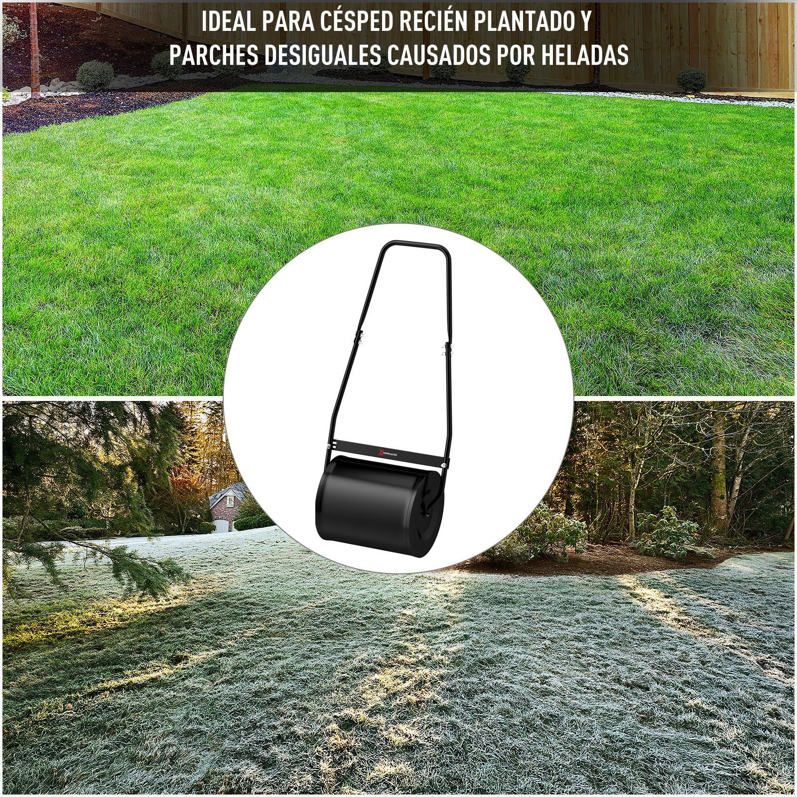 DURHAND Rodillo de Césped de Jardín Apisonadora de Césped de Acero 30L Llena de Agua o Arena Medida de Rodillo Φ32x40cm Asa Desmontable