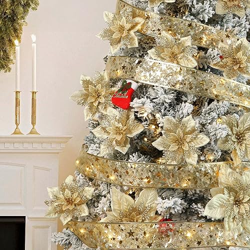 Miniatura 6 de Alupssuc 24PCS 6"& 9 inch Large Gold Artificial Poinsettia Christmas Flowers Decoration,Glitter Faux Ornaments for Xmas Tree Wreath Garlands New