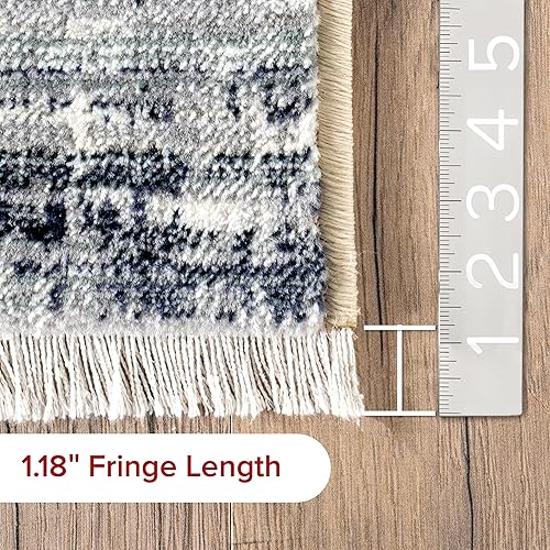 Miniatura 5 de nuLOOM Vanita - Alfombra de transición con flecos del suroeste, alfombra de área de transición de 9 x 13 pulgadas, color azul marinomarfil, para