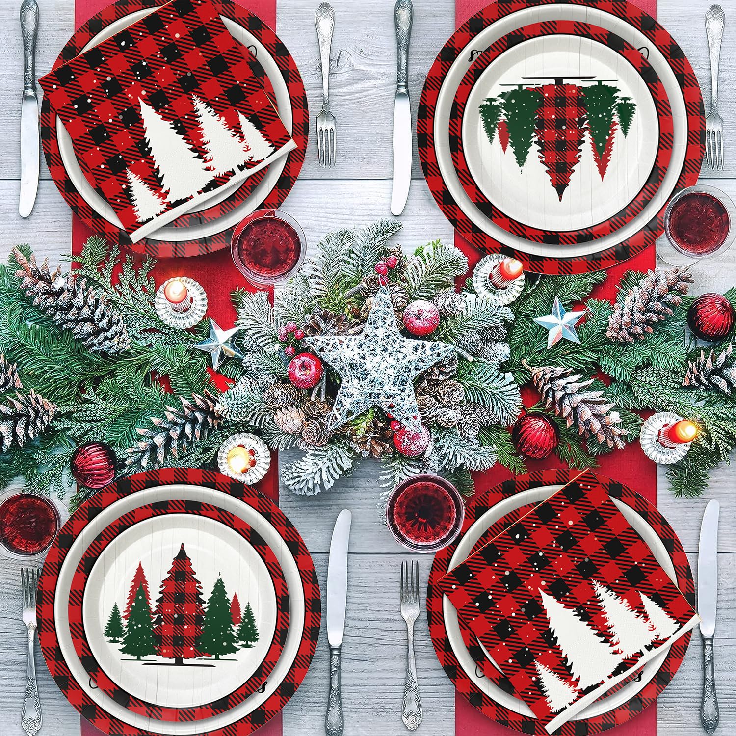 Homlouue 200 platos y servilletas de papel de Navidad, platos y servilletas rojos y blancos desechables, platos y servilletas de Navidad para 50 invitados, decoraciones de mesa de fiesta de Navidad