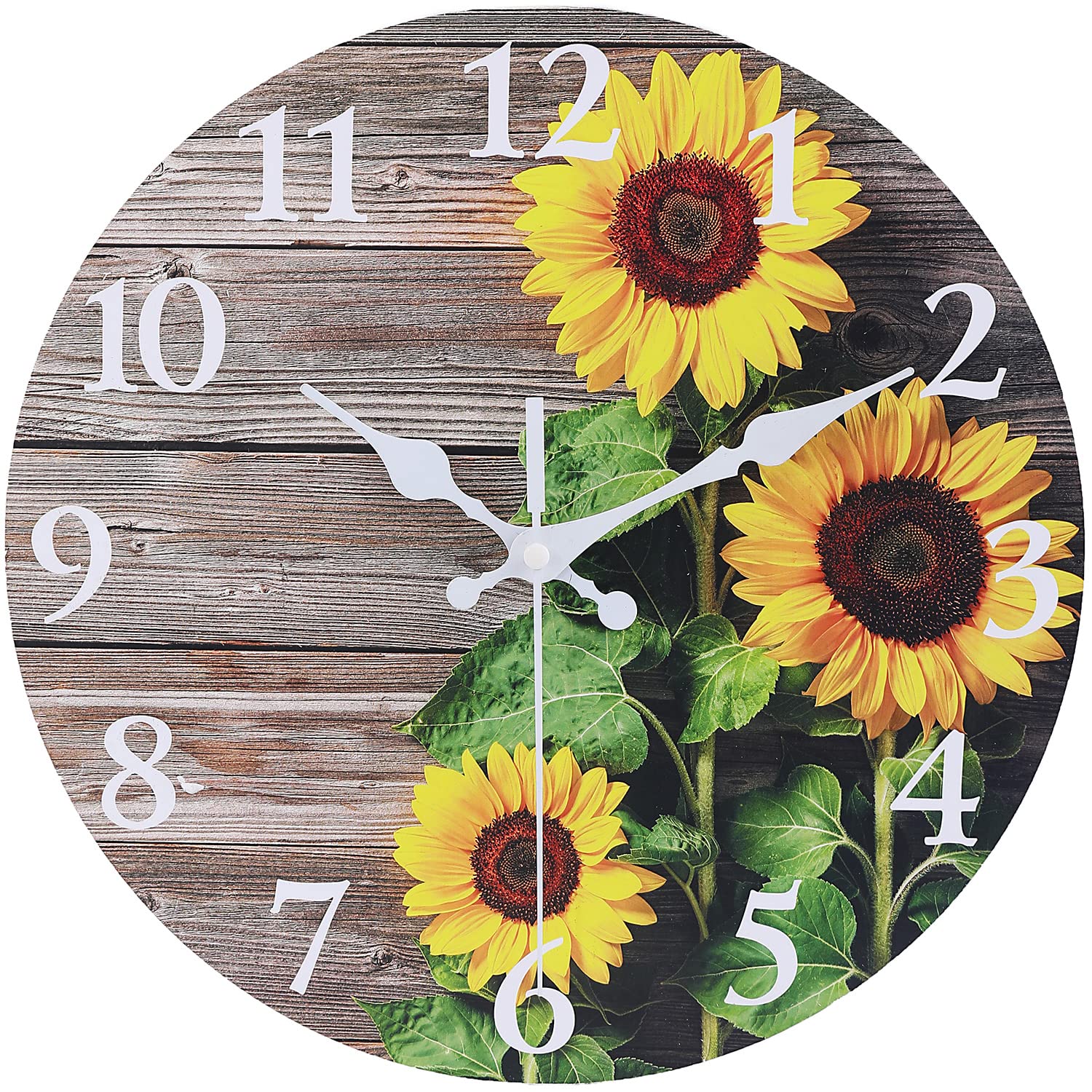 EZXZZ Sunflower Kitchen Decor Round Wall Clock 12 Inch Silent Non Ticking Battery Operated Wood Clock
