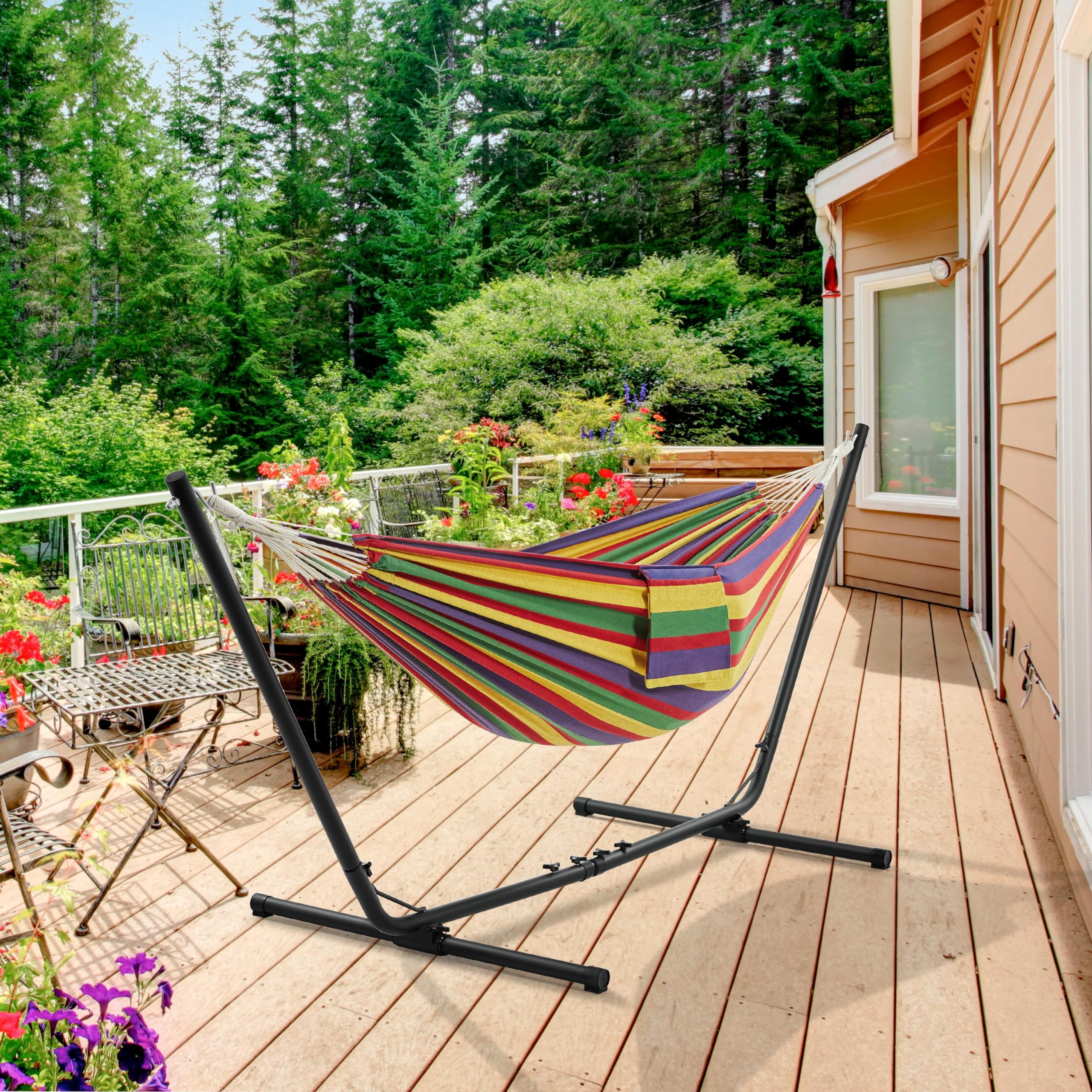 Abician Hamac Double avec Support Hamac sur Pied Longueur Réglable avec Sac de Transport Charge Max. 205 kg pour Jardin Terrasse Plage Salon Rayures Bleu-Vert